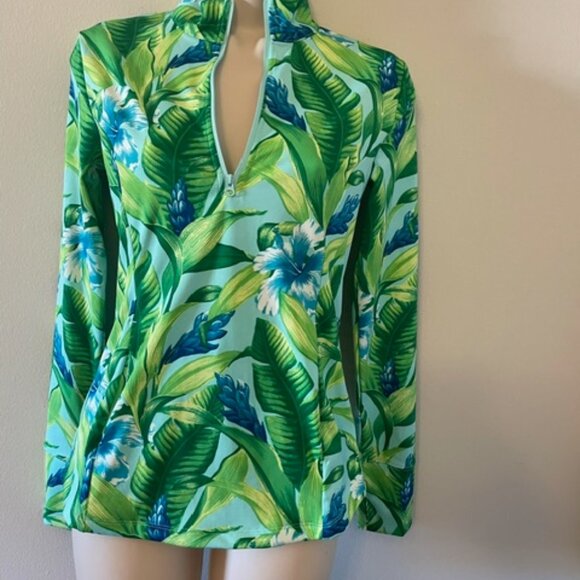 NWT Golf/Tennis Tommy Bahama Upf 50 Printed Quarter Zip Front  Top Sz XS GREEN - Picture 5 of 5
